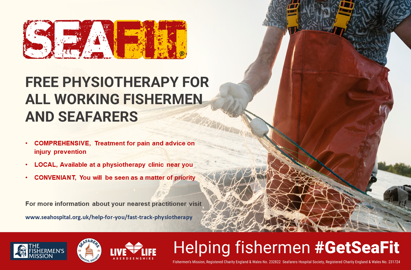 Image reads 'Free physiotherapy for working fisherman and seafarers.'