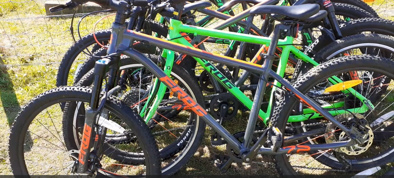 bikes lined up in front of a trailer