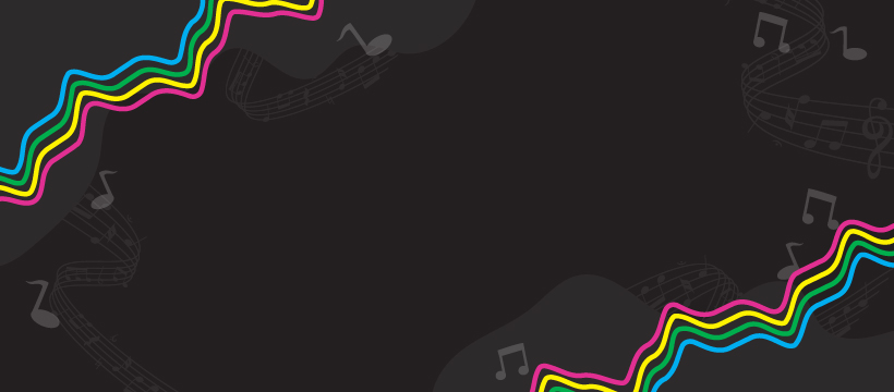 A black background with musical notes and brightly coloured lines