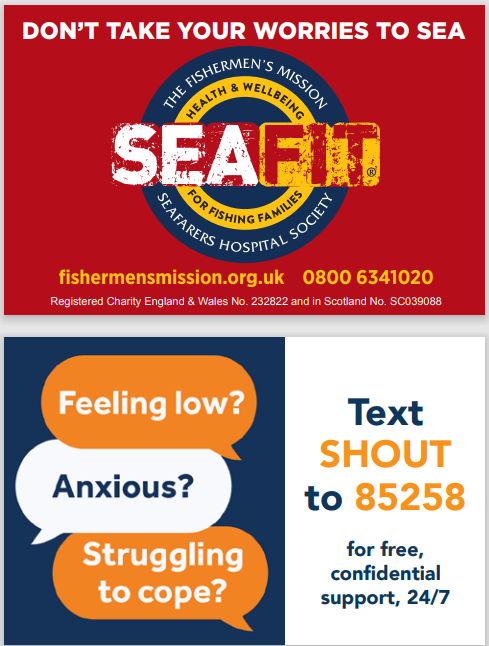 Image reads 'Don't take you worries to sea. Text SHOUT to 85258 for free confidential support, 24/7'.