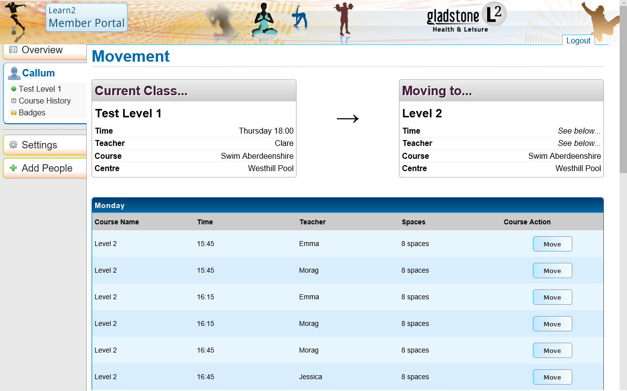 Movement section of Homeportal showing the current class details and the new class details