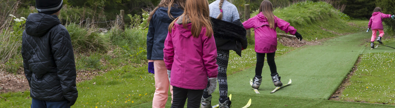 group of children on cross country skis on the artificial flat surface