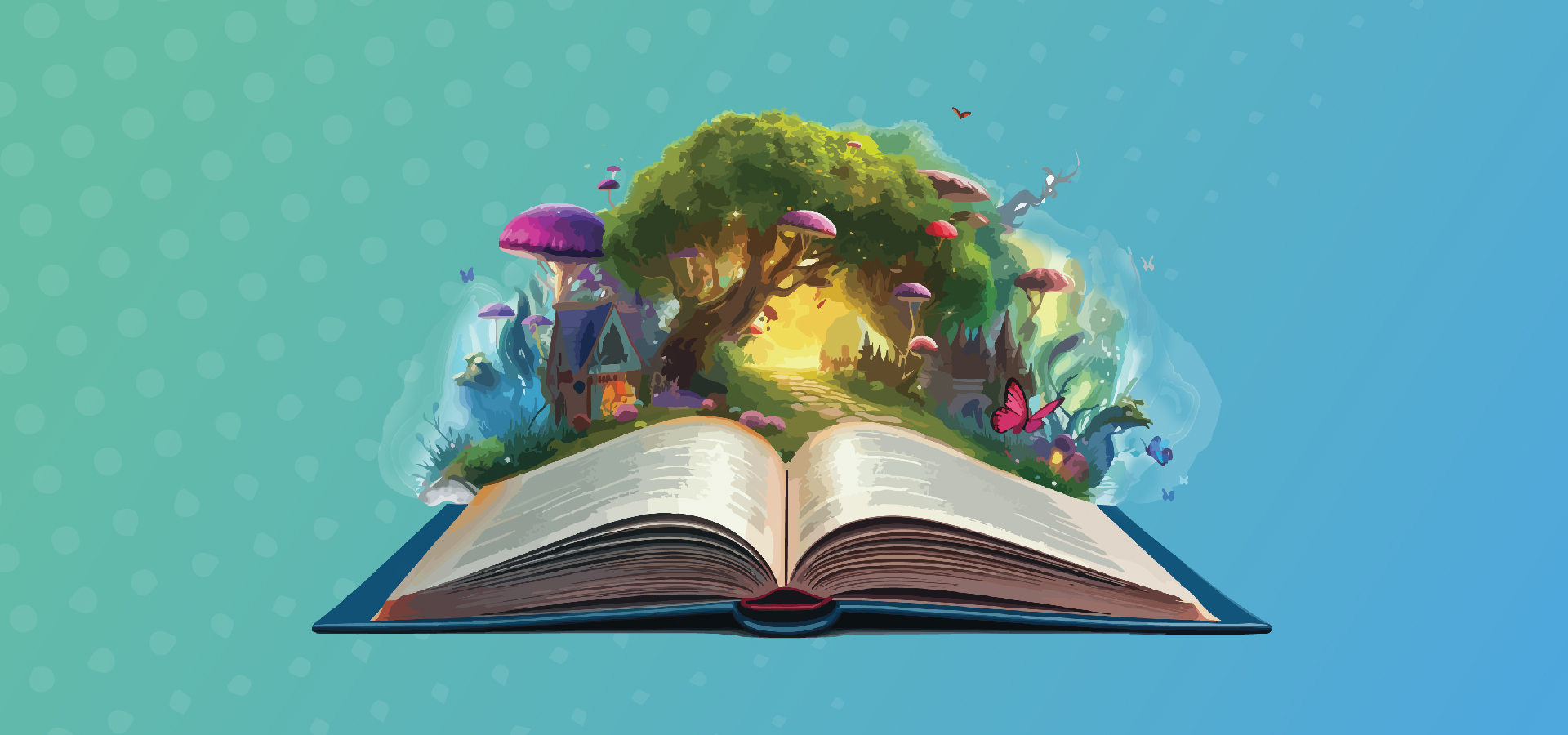 An open book with a fantasy forest graphic emerging from the pages